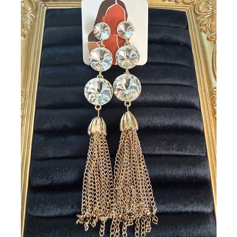 Crystal Rhinestone Tassel Earrings Gold-Tone